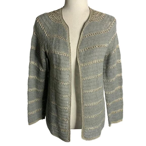 Vintage 60s Hand Crocheted Wool Cardigan Sweater S Grey Open Front Long Sleeves - Picture 1 of 6